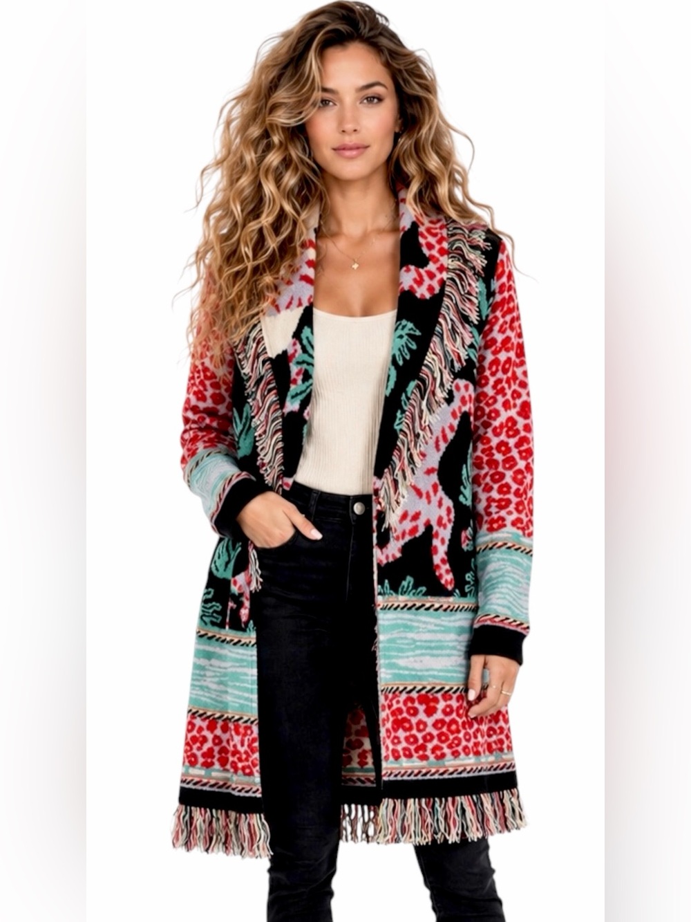Essitam – Belted Knit Sweater Wrap Cardigan Fringe – Multicolor Pattern – Sz. S